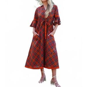 NEW ISLAPAYAL cape plaid midi dress in cinnamon